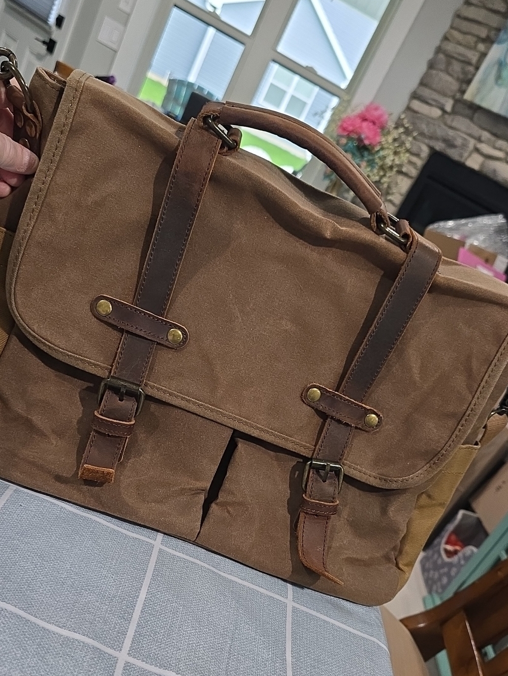 Newhey Canvas and Leather Men's Messenger Bag in Brown